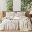 MooMee Gingham Duvet Cover Set 100% Washed Cotton Linen Like Textured Breathable Durable Soft Comfy Modern Checkered Design (Mini Gingham Tannish Linen Grey, Queen 90"x90")