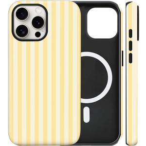 flewfun Magnetic for iPhone 15 Case Cute Stripes Phone Case, Shockproof Slim TPU and Hard PC Protective Phone Cover Compatible with MagSafe Designed for Women Girls, Yellow