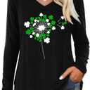 St. Patrick's Day Shirt for Women Funny Lucky Shamrock Irish Graphic Long Sleeve Tee Casual Loose Fit Spring Tops (Black-Dandelion) 2XL 