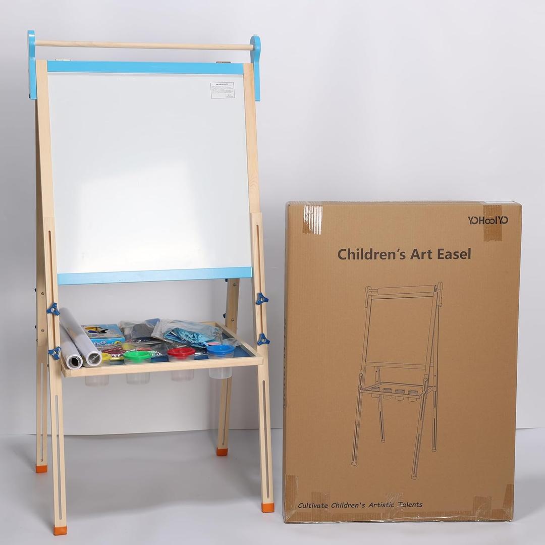YOHOOLYO Kids Easel Wooden Children Art Easel Paper Roll,Double Sided Magnetic Whiteboard Chalkboard Dry Eraser Adjustable Height for Boys Girls Gifts