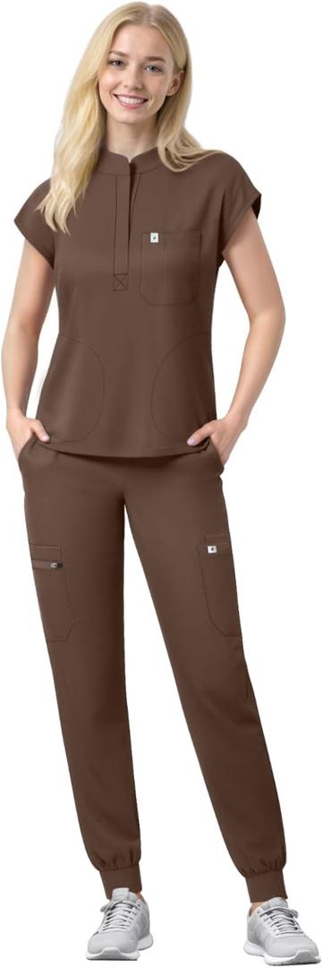 Scrubs Set for Women Medical Uniform Nurse Suit, Anti-Wrinkle Scrub Top Jogger Pant&11 Pockets,4 Way Stretch Workwear, XS