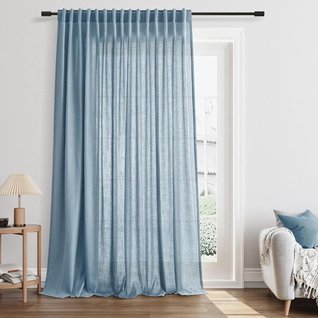 Dusty Blue Extra Wide Linen Curtains for Sliding Glass Door 100 Inch Wide Back Tab Curtain Living Room Semi Sheer Light Sky Blue Boho Coastal Patio Light Filtering Drape 1 Panel W100xL102