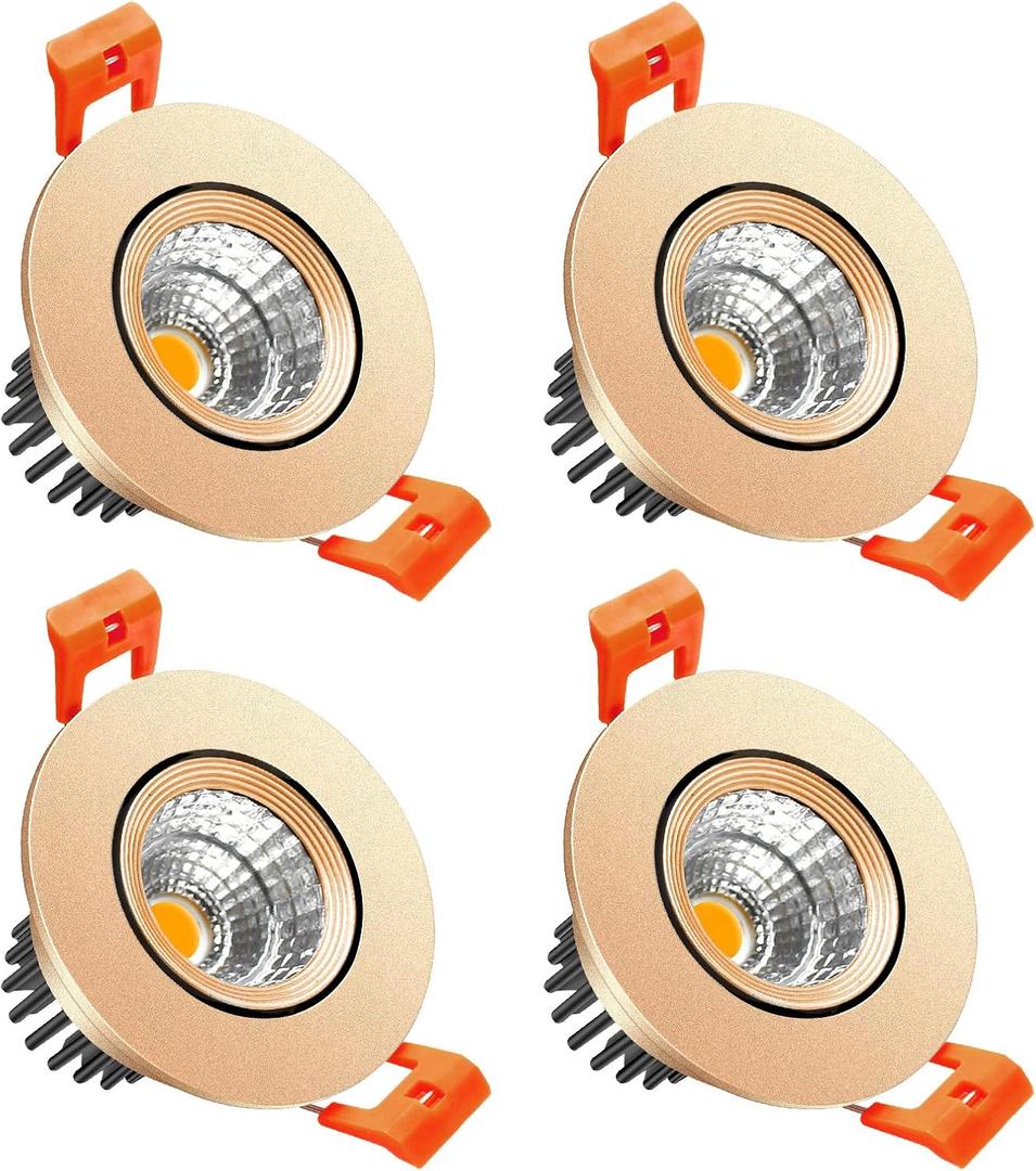 LightingWill 2inch LED Dimmable Downlight, 3W COB Recessed Ceiling Light, Daylight White 5500K-6000K, CRI80, 25W Halogen Bulbs Equivalent, Gold (4Pack)