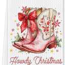 Cilrii Western Christmas Kitchen Towels, Cowgirl Christmas Dish Tea Towels for Kitchen Decor, Pink Bow Cowgirl Boots Xmas Decorative Hand Towel for Bathroom, 16x24 Inch (Red)