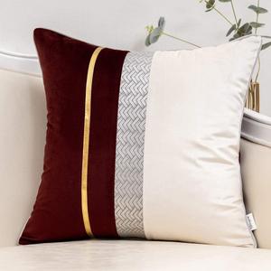 Yangest Wine Red Christmas Velvet Throw Pillow Cover with Gold Striped Leather Cushion Case Modern Luxury Pillowcase for Sofa Couch Bedroom Living Room Home Decor,20"x20"