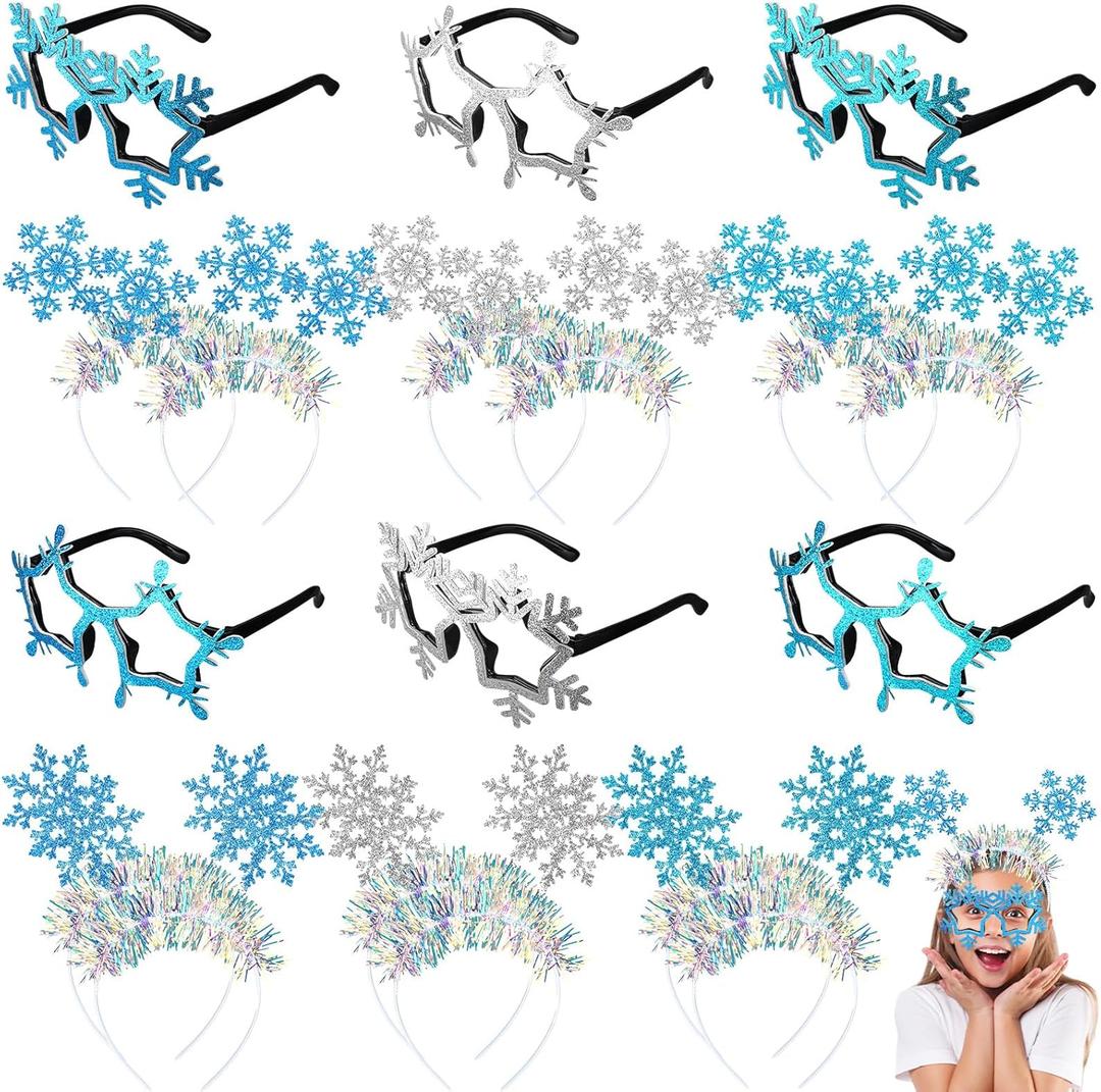 Riceshoot 12 Pcs Christmas Snowflake Headbands Snowflake Glasses Set Christmas Glittered Eyewear Headbands Accessories Party