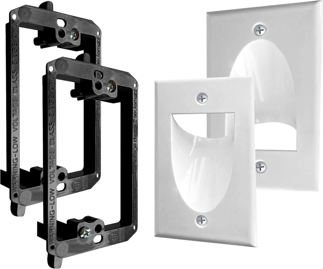 2 Pack Wall Plate Cable Pass Through with Bracket - In Wall Cable Management Kit - Recessed Cable Wall Plate Pair with Single Gang Low Voltage Mounting Bracket - Decorator Cover for Low Voltage Cables (White)