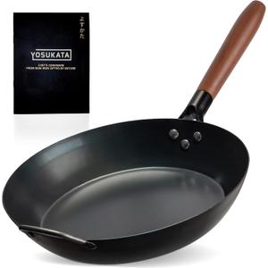 YOSUKATA 11.8" Carbon Steel Frying Pan  Non-Toxic Pre-Seasoned Skillet with Removable Wooden Handle  Coating-Free Wok-Style Pan for Gas, Induction, Electric, Oven & Grill BBQ
