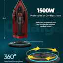 Cordless Iron for Clothes - 1500W Steam Iron with Non-Stick Ceramic Soleplate, Rapid Heating, Auto Shut Off, Burst of Steam, Self-Clean, Anti-Drip, Anti-Calc, 3 Temperature Settings, Red
