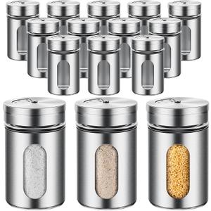 Dandat 12 Pcs Salt and Pepper Shakers Stainless Steel Spice Shakers with Adjustable Pour Holes and Glass Window 3.4oz Salt Dispenser Spice Jars with Rotating Lids for Sugar Seasoning Home