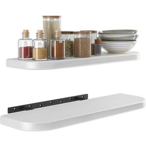 BATODA Set of 2 24" White Acacia Wood Floating Shelves Wall Mounted (Round Edge)  Wooden Decorative Wall Bookshelf - Storage Shelf Organizer for Home - Black Brackets and Shelving Mounting Included (24 Inch Length)