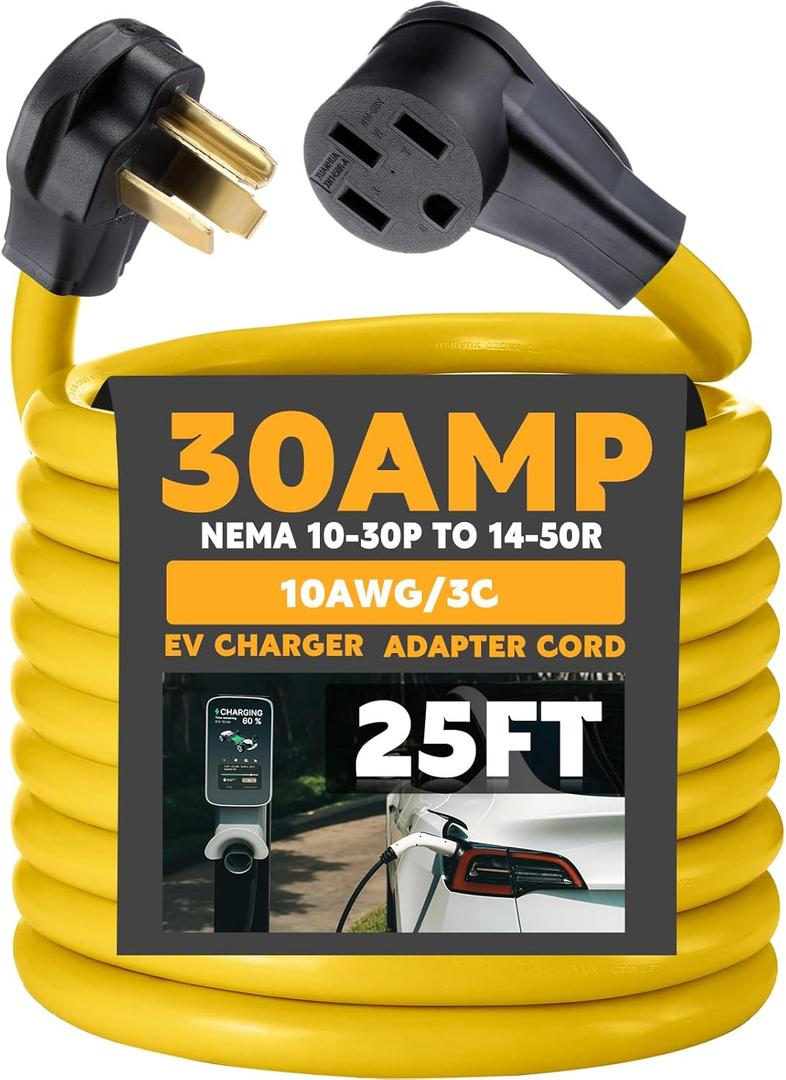 Tellegloww 25 ft NEMA 10-30P to 14-50R EV Charger Cord 3 Prong Old Dryer Outlet to Level 2 EV Charger Extension Cord with Handle (Only for 3 Prong L-Shaped Old Dryer NEMA 10-30R Outlet) ETL Listed