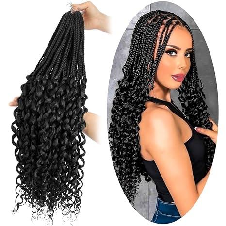 SECPOCPONY Long Boho Curl Box Braids Crochet Hair 18 Inch 8 Packs Pre looped French Curl Braiding Hair for Black Women Crochet Goddess Box Braid with Curly Ends (1B, Natural Black)