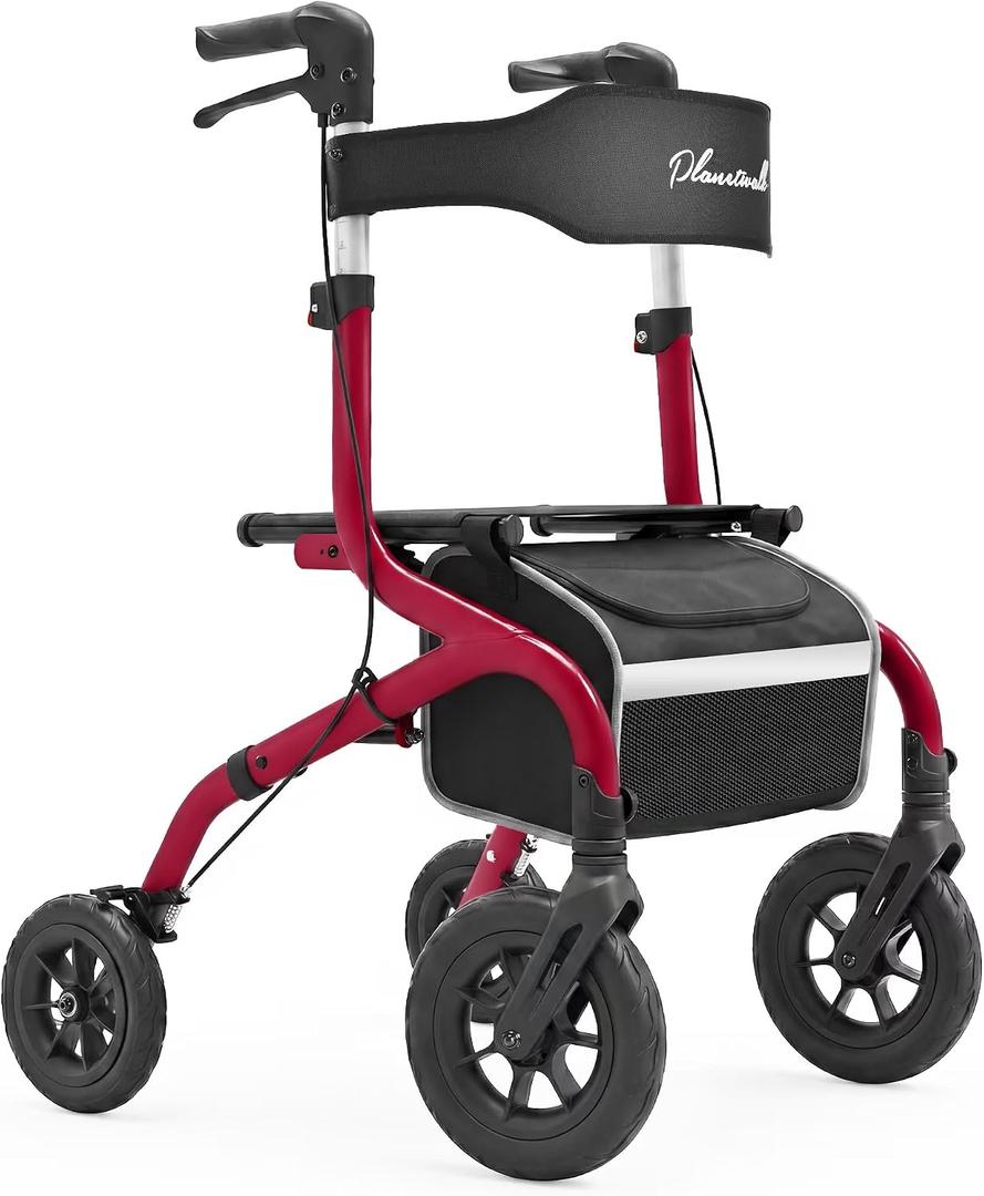 PLANET WALK Foldable Rollator Walker: 10" & 8" All-Terrain Wheels, 300lb Capacity, Treaded Rubber Tires, Breathable Seat & Backrest, Lightweight Mobility Aid for Seniors, Red