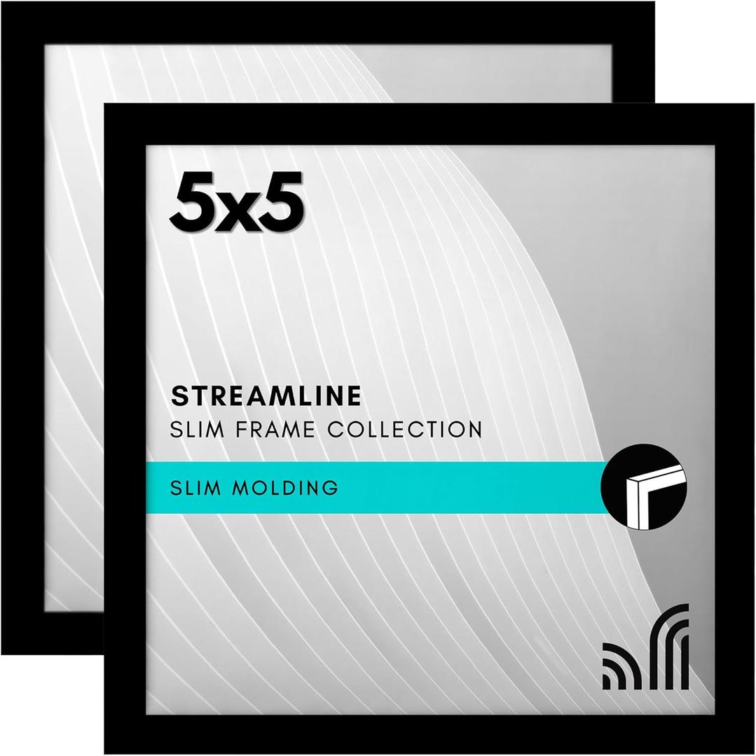 Americanflat 5x5 Picture Frame with Shatter-Resistant Glass - Set of 2 - Streamline Collection - Thin Border Square Frame for Tabletop and Wall - Hanging Hardware and Easel Stand Included - Black