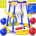 Pool Basketball Hoop Floating with Anti-Tip & Anti-Drift Design, Basketball & Ring Toss Pool Toys for Kids Ages 4-8, 8-12, Summer Outdoor Water Toys Pool Games for Adults and Family (Blue Yellow)
