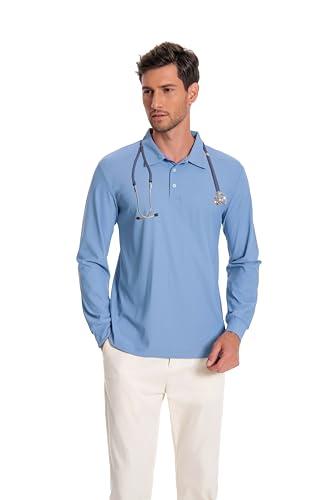 Milarlv Scrub Shirt for Men Lab Medical Polo Nursing Doctor Stand Up Collared Long Sleeve Medicine Work Top Blue, Size S