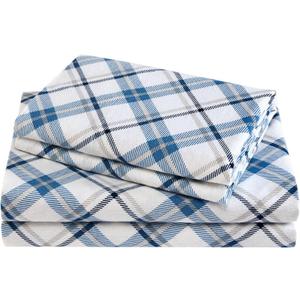 Comfort Spaces Cotton Flannel Sheets Queen Size, Ultra Soft Flannel Sheet Set with 14" Elastic Pocket Fits up to 16" Mattress, Plaid Print Warm Flannel Bedding, Blue Plaid 4 Piece