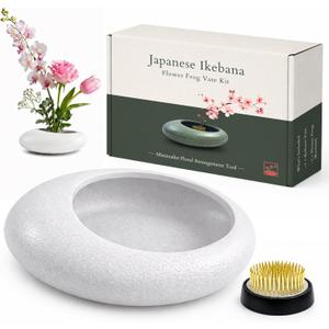 Japanese Flower Frog Vase Set Minimalist White Ceramic Flower Vase with Flower Frog, Modern Flower Arrangement Pot for Living Room Decor & Art Supplies, Gift Box for Flower Lover