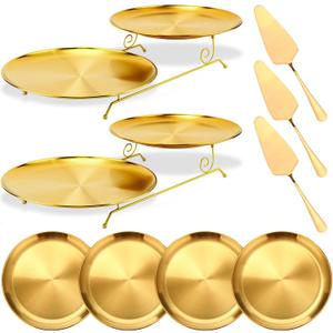 Domensi 9 Pcs Pizza Pan Riser Stands Sets Includes 2 Pcs Tiered Tray Stand 4 Stainless Steel Pizza Pan and 4 Wood Handle Knife for Home, Restaurant Party(Gold)