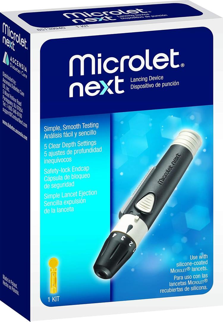 Ascensia MICROLET NEXT Adjustable Lancing Device for Diabetes Blood Glucose Testing, 5 Depth Settings, Smooth Glide for Less Pain, One Handed Ejection, Lancing Device