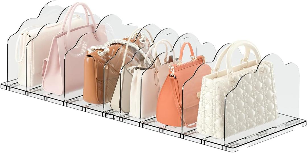 8 Pcs Purse Organizer for Closet, Adjustable Acrylic Clear Shelf Dividers for Purse, Pocketbook, Wallet, Handbags, Books (2 Base Boards + 8 Dividers)
