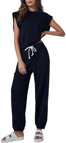 Tankaneo Women's Summer 2 Piece Outfits Casual Lounge Sets Oversized Sleeveless Tops Sweatpants with Pockets Pajama Sets M