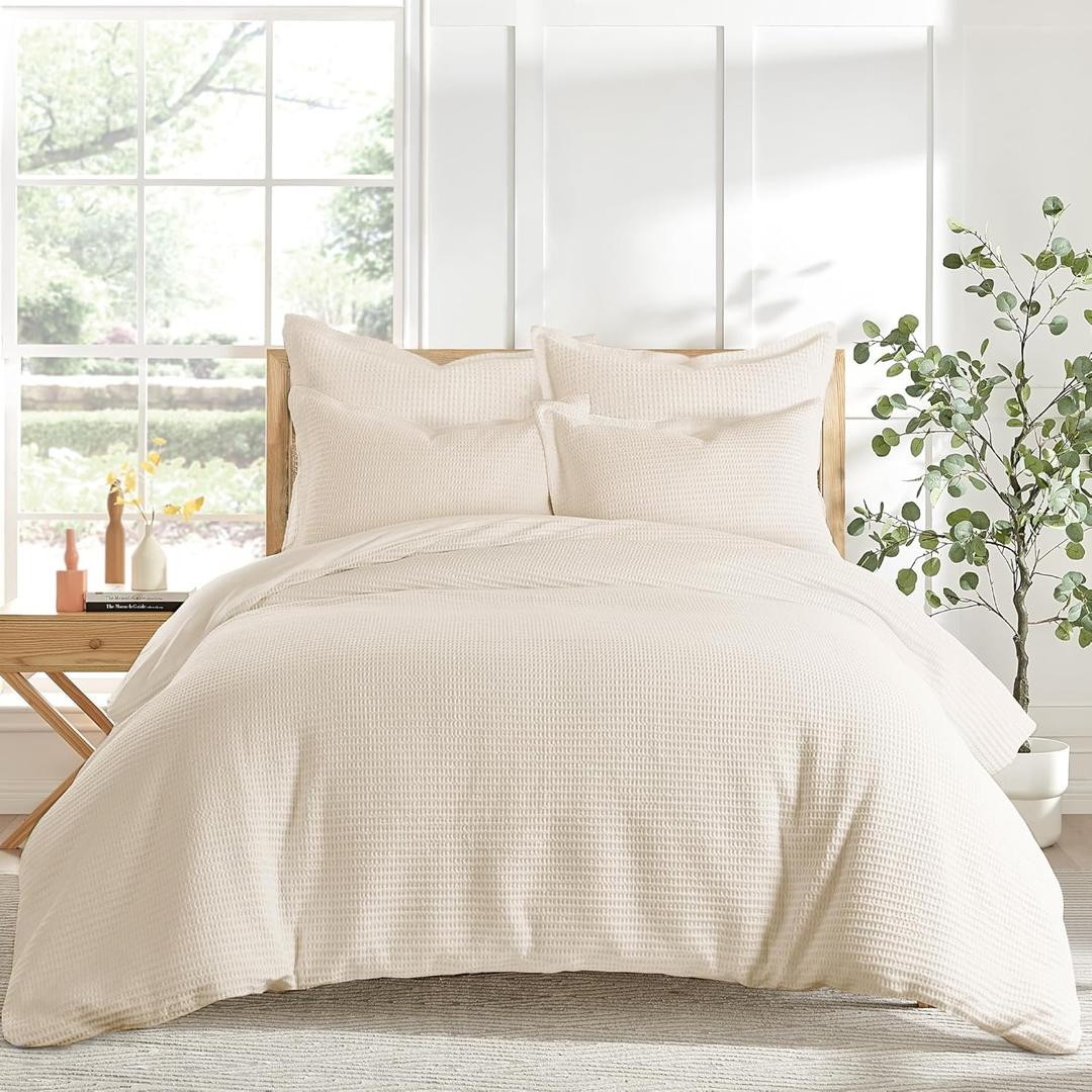 Levtex Home Cloud Waffle King/Cal King Comforter Set (106x94in) with 2 Pillow Shams (36x20in) - Solid Waffle Cotton Texture - Undyed Cream - Cotton King Size Comforter Set - Soft, Pre-Washed