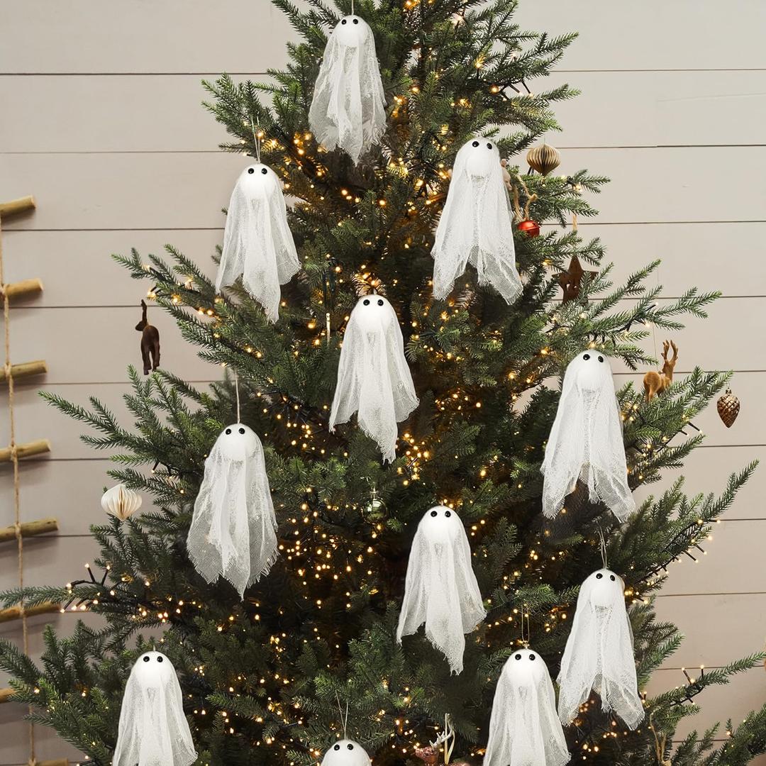 Decor365 Spooky Christmas Tree Hanging Ghost Decor Small Cute White Ghosts Creepmas Decorations Office Classroom Living Room Mini Ghost Garland Outdoor Spookmas Party Decorations (Pack of 12)