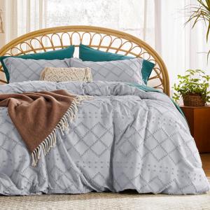 Bedsure Boho Duvet Cover Queen Size - Light Grey Breathable & Soft Boho Bedding, Machine Washable Comforter Cover for All Seasons, Includes 1 Duvet Cover 90"x90" with 2 Pillow Shams & Zipper Closure