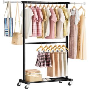 Standard Clothing Garment Rack, Rolling Clothes Organizer with Wheels and Bottom Shelves, Extendable, Black, M24GR001