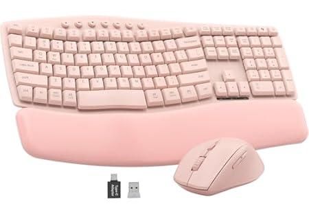 Pink Quiet Wireless Keyboard and Mouse Combo, 2.4G Ergonomic Wave Key Board with Cushioned Plam Rest, Full-Size Soft Typing Keyboards, 3 DPI Adjustable Silent Mouse for Computer/ Laptop/ Windows/ Mac