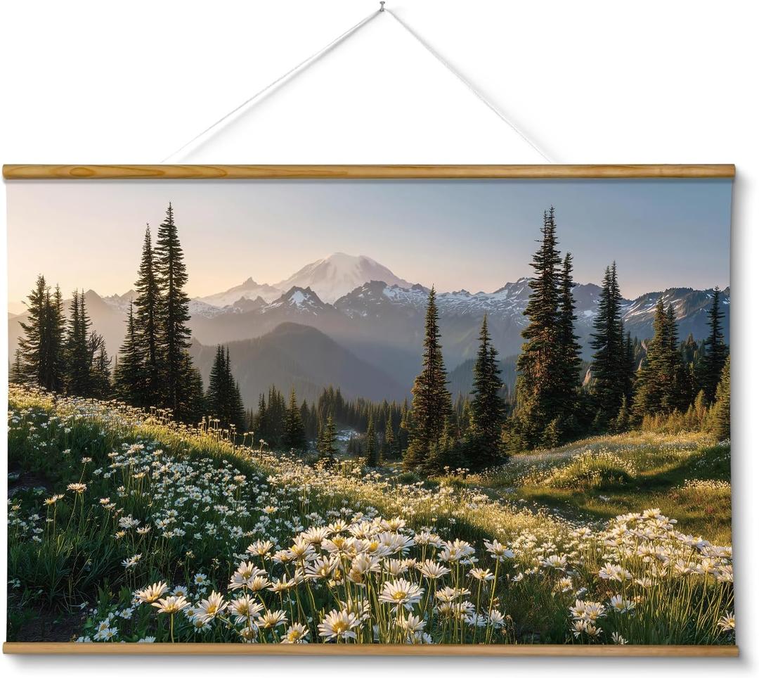 VIYYIEA Extra Large Size Canvas Wall Art, 36x54 Inch Mountain Landscape Scroll Painting with Wildflowers and Pines, Oversized Nature Wall Hanging for Living Room, Bedroom, or Office Decor
