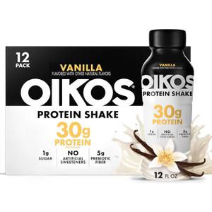 Oikos Protein Shake, Vanilla, 30g High Protein Drinks, Shelf Stable, Ready to Drink, 5g Prebiotic Fiber, 12 fl oz Bottle, 12 Count (EXP 03/06/27)