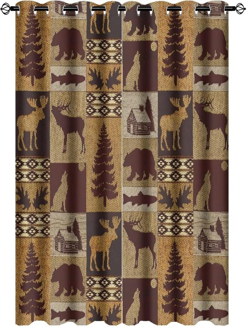 Retro Rustic Bear Blackout Curtains - Country Style Farmhouse Cabin Wildlife Elk Deer Hunting Theme Grommet Window Drapes Set Energy Saving Thermal Insulated Drapes for Living Room, 2 Panels 63L x 21W