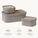 La Jolie Maison Velvet Storage Baskets with Lids, Sturdy Stackable Cardboard Boxes with Decorative Trays, Organizer Bins for Bathroom Bedroom Organizing, Taupe, Set of 3