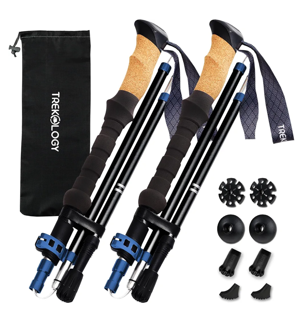 TREKOLOGY Trek-Z Cork Grip Trekking Poles – Lightweight Folding Hiking Poles, Adjustable Height, Compact Travel Design, Aircraft-Grade Aluminum Walking Sticks for Men & Women, Black With Blue