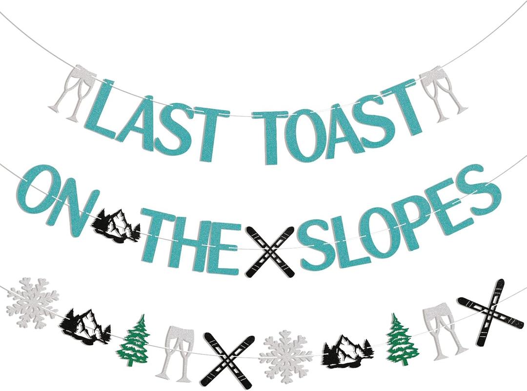 Last Toast on the Slopes Banner - Winter Ski Themed Bachelorette Party Decorations, Apres Ski Bachelorette Bridal Shower Party Decorations Blue Glitter