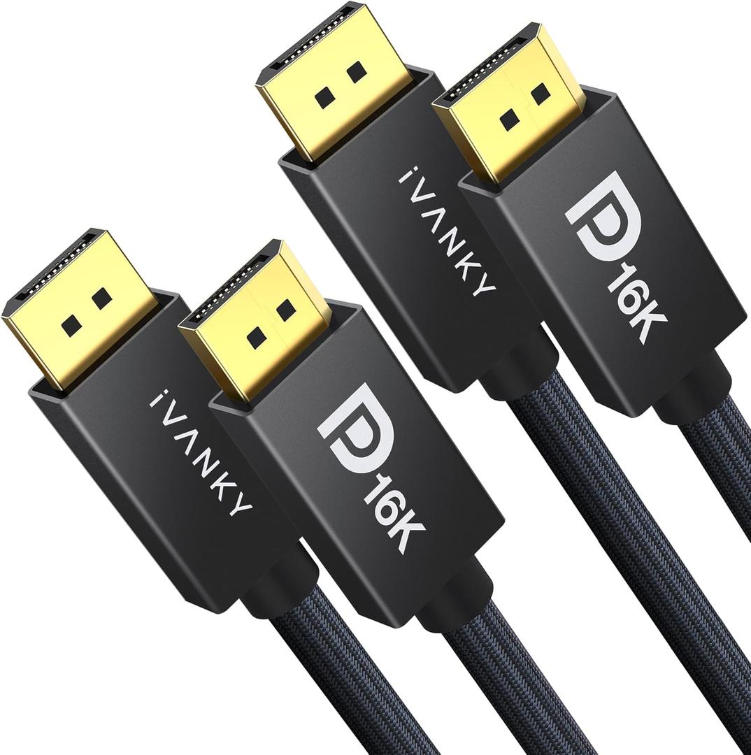 IVANKY 16K Displayport Cable, [6.6ft, 2-Pack], VESA Certified DP 2.1 Cable [16K@60Hz, 8K@120Hz, 4K@240Hz], Support HDR10, HDCP, 3D, DSC 1.2a, for Gaming Monitor, TV, Graphics, [6.6ft, 2-Pack] (Black)