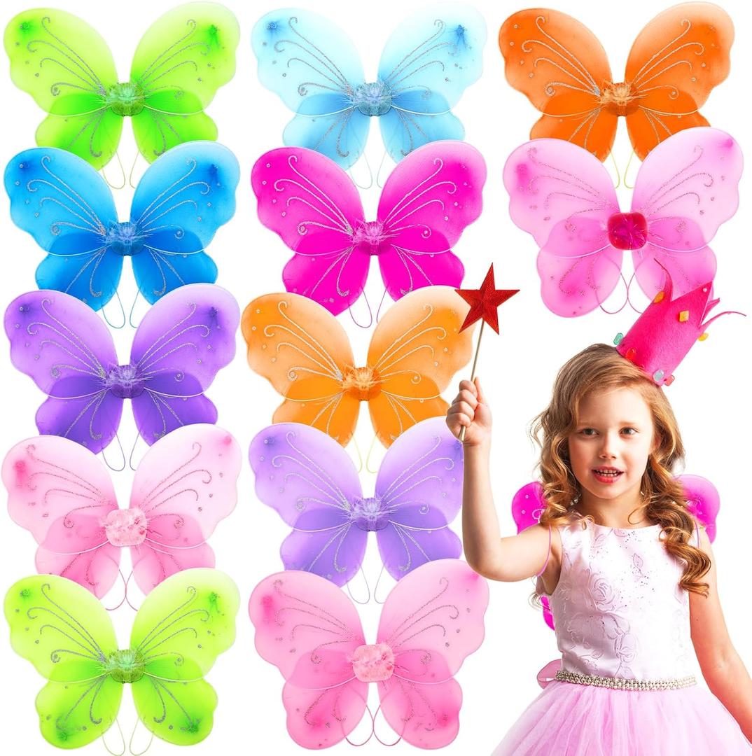 12 Packs Butterfly Fairy Wings for Girls, Sparkle Princess Wings Bulk for Kids, Dress Up Glitter Costume Accessories for Christmas Theme Halloween Birthday Cosplay Party Favor(12 Colors)