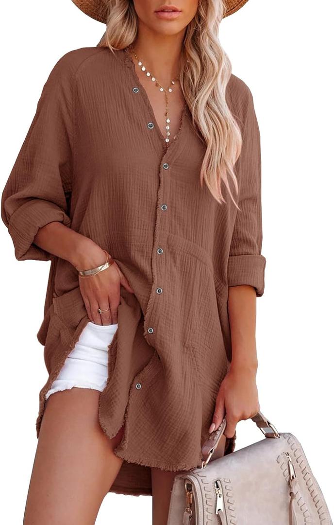 siliteelon Women's Button Down Tunic with Pockets Cotton Gauze Button Up Shirt Dress V Neck Long Sleeve Frayed Blouse Tops XS