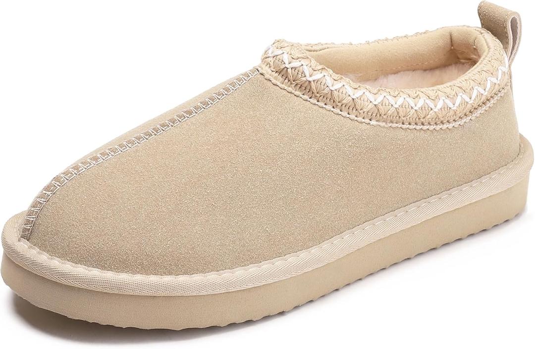 Slippers for Women Genuine Suede Water Resistant Women's Slippers with Memory Foam and Faux Fur Lining Comfy Furry Shoes Gifts for Women Footwear (6, Beige)