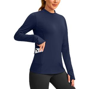 SANTINY Long Sleeve Thermal Shirts for Women Fleece Mock Neck Tops Winter Workout Running Gear with Zipper Pockets (Large, Navy)