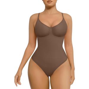 FeelinGirl Shapewear Bodysuit for Women Tummy Control Seamless Sculpting Snatched Waist Body Suit Body Shaper Thong (X-Small-Small, Olive Brown)