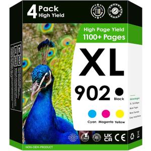 902XL HP Inkjet Cartridges for 902 XL OfficeJet Pro 6962 6954 6960 6968 6958 6970 6979 6950 6975. 4 Pack (Black, Cyan, Magenta, Yellow) [Works with The New Update]