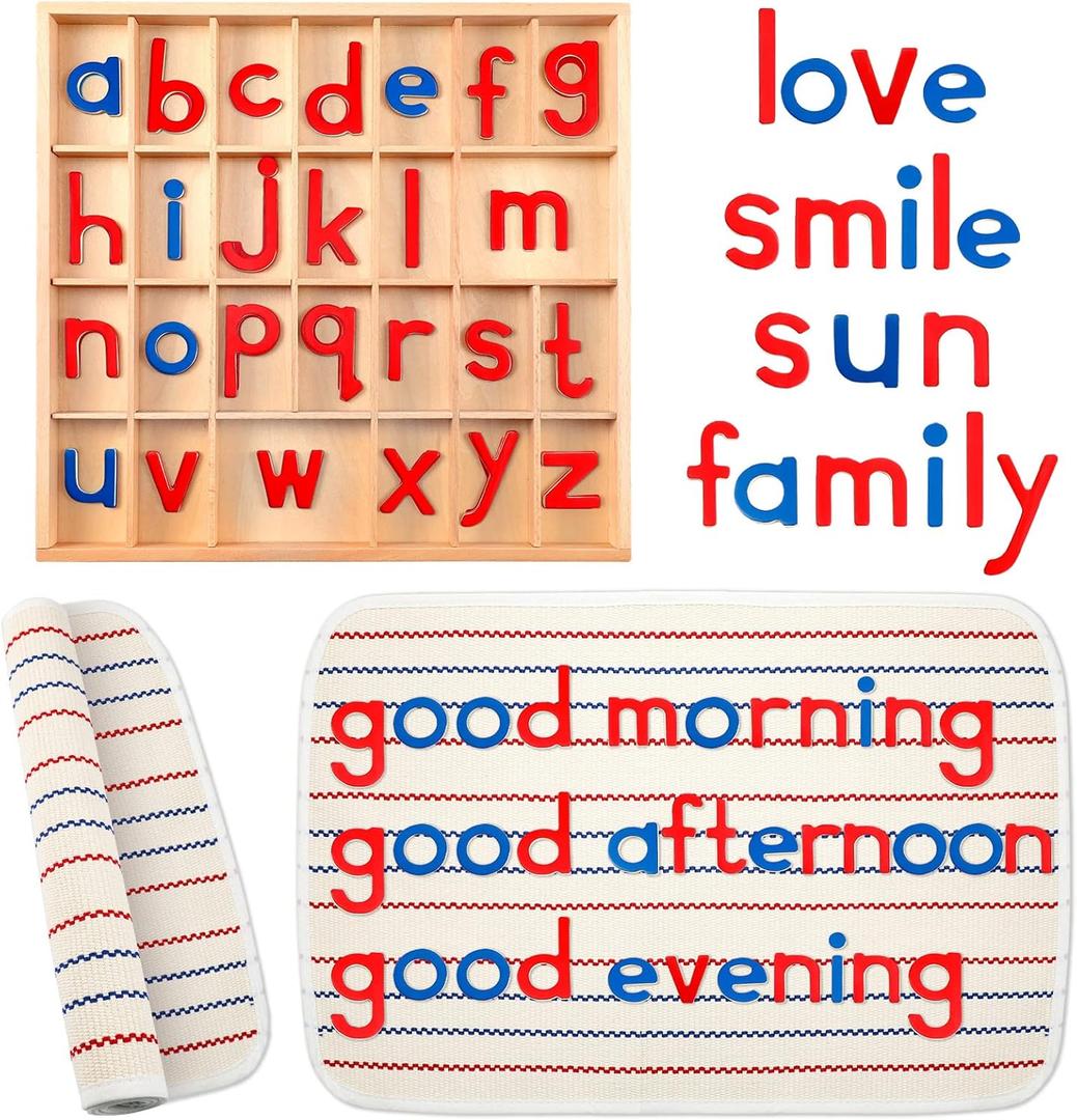 Juexica Montessori Letters Movable Wood Alphabet with Box and Large Mat Small Wooden Alphabet Letters Montessori Trays Preschool Spelling Learning Language Materials Objects, Red, Blue