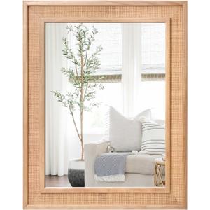 Rattan Wall Mounted Mirror 24"x32" Wood Framed Farmhouse Hanging Bathroom Mirror Decorative Rectangle Wall Mirror Leaning Against for Bedroom Living Room (Nature)
