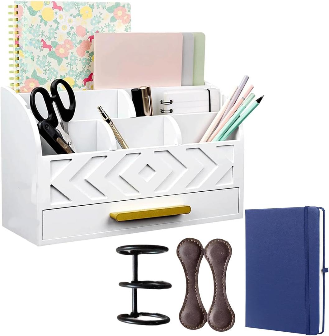 White Wooden Mail Organizer with Drawer  Kitchen Mail Organizer Countertop, Farmhouse Mail Sorter & Bill Holder | Multi-Compartment Desk Organizer for Home Office, Notebooks & Office Supplies