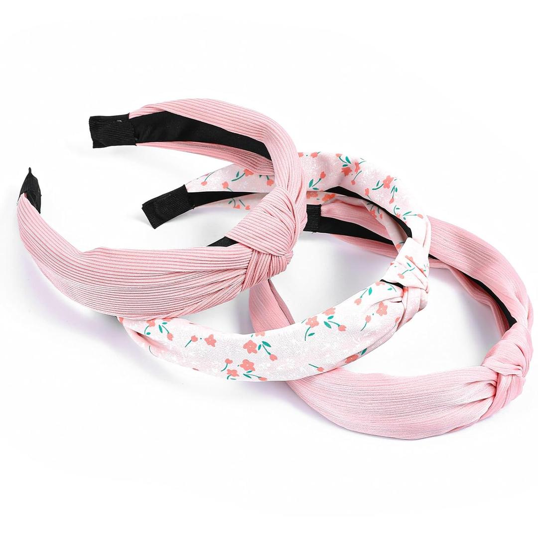 3 PCS Pink Knotted Headbands for Women, Knotted Fashion Hairbands for Yoga Workout Daily Wear