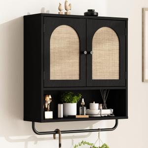 RUSTOWN Rattan Bathroom Wall Cabinet, Boho Medicine Cabinet with 2 Arched Doors, Farmhouse Over The Toilet Storage Cabinets with Adjustable Shelves & Towel Bar, 23.6"w X 7.9"d X 26.8"h